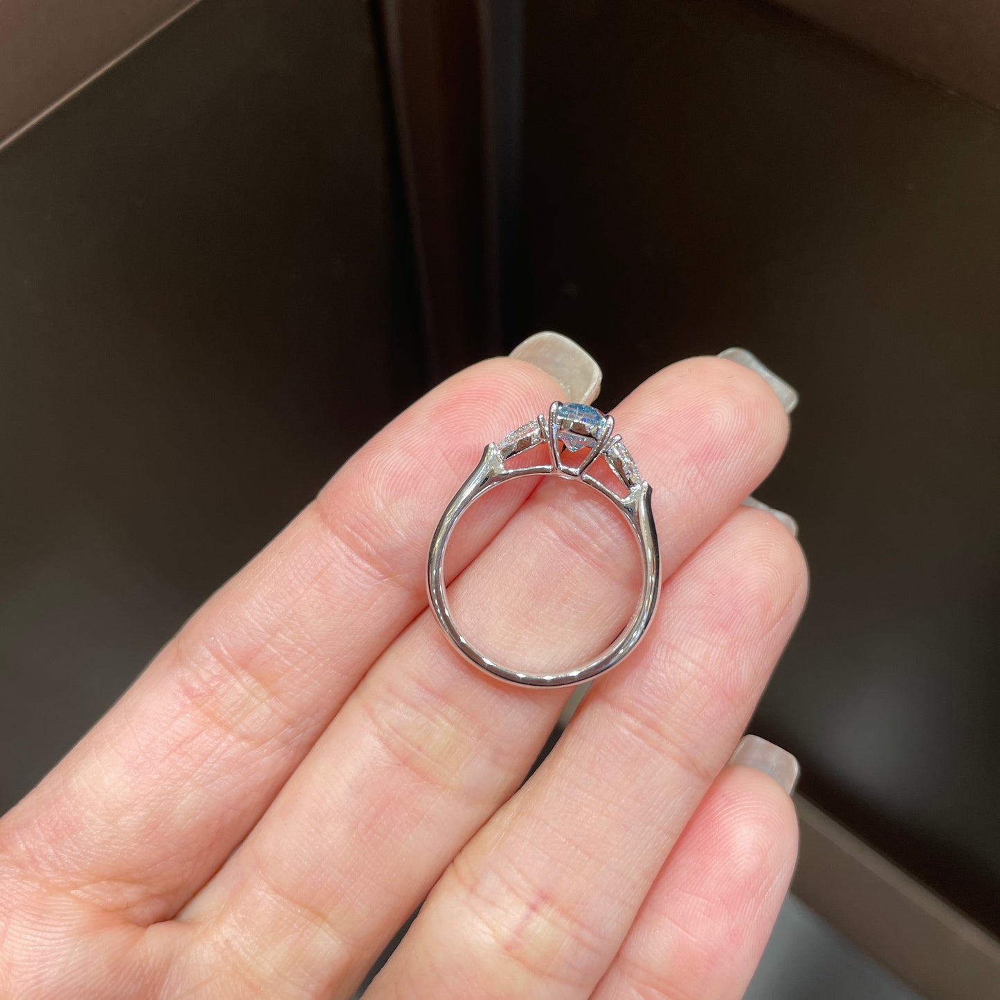 18K White Gold Lab-Grown Blue Diamond Three-Stone Ring
