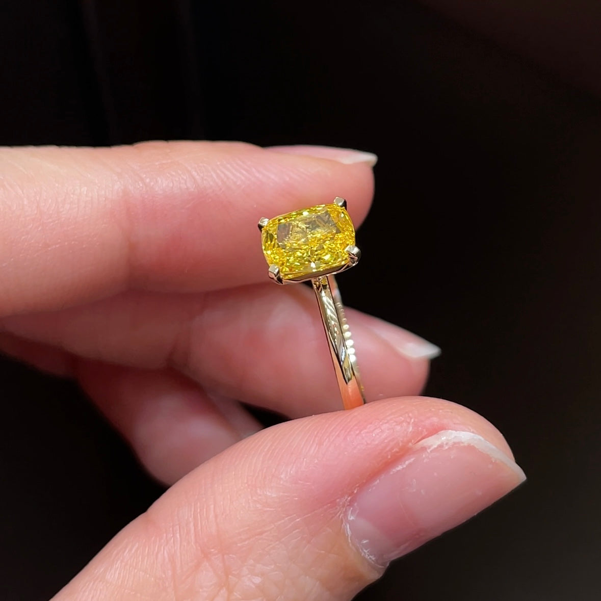 IGI Certified 1.08ct Fancy Yellow Cushion Diamond 18K Gold Ring